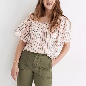 MADEWELL Square Neck Pintuck Butterfly Blouse Top Windowpane Pink Medium